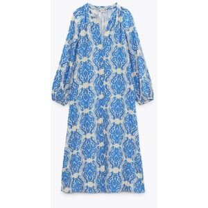 ZARA  WOMAN PRINTED MIDI DRESS BLUE / WHITE SZ SMALL